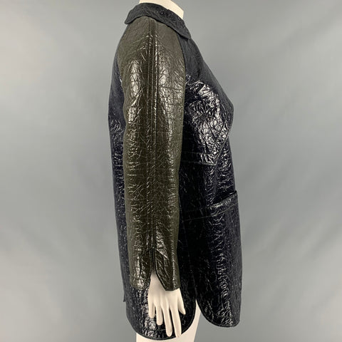 BALENCIAGA Size 8 Navy Green Cotton Blend Color Block Faux Patent Leather Coat