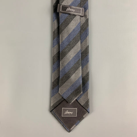 BRIONI Grey Charcoal Diagonal Stripe Silk Tie