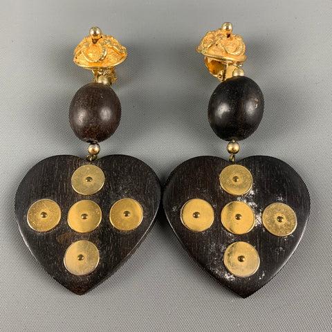 YVES SAINT LAURENT Rive Gauche Gold Brown Heart Wood Clip-On Earrings