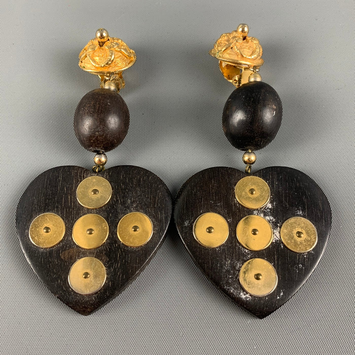 YVES SAINT LAURENT Rive Gauche Gold Brown Heart Wood Clip-On Earrings