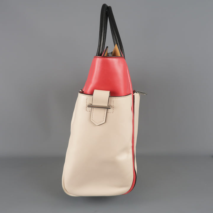 REED KRAKOFF Red Black & Light Pink Leather Tote Handbag