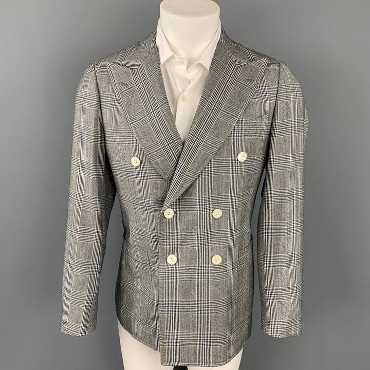 ISAIA Talla 38 Abrigo deportivo regular de lana a cuadros gris y azul con doble botonadura