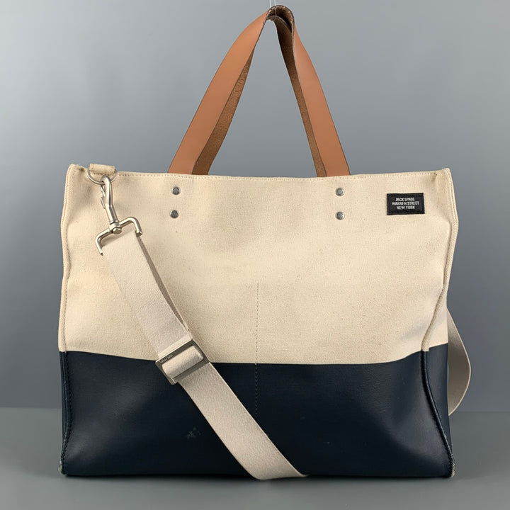 JACK SPADE Cream Navy Color Block Canvas Coated Tote Bags