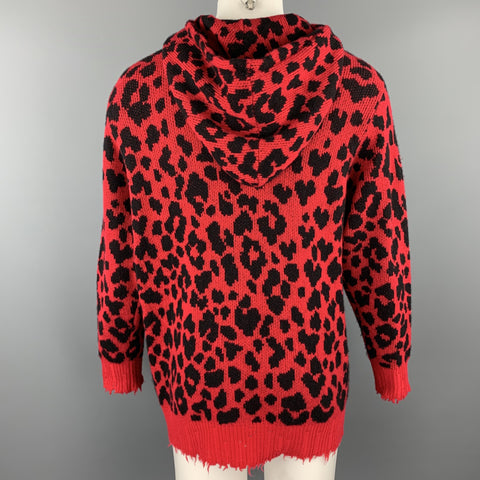 R13 Size XS Red & Black Leopard  Print Cashmere Oversized Distressed Hooded Sweater