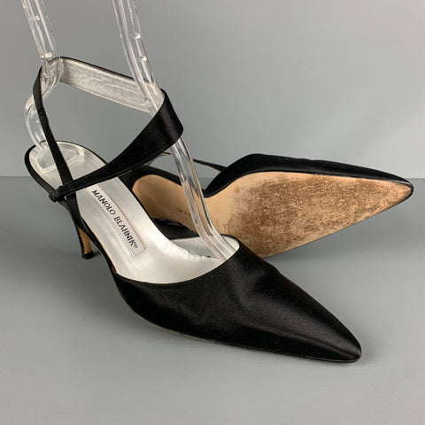MANOLO BLAHNIK Size 8 Black Satin Solid Ankle Strap Pumps