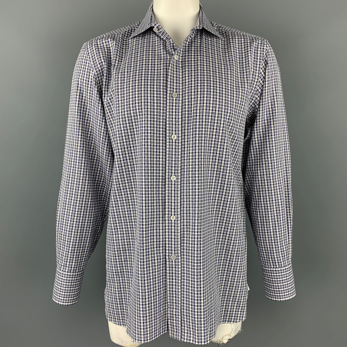 TOM FORD Size XL Navy & White Plaid Cotton Button Up Long Sleeve Shirt