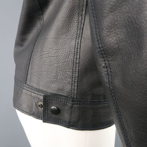LANVIN US 42 / IT 52 Black Leather Fringe Trim Green Collar Bomber Jacket