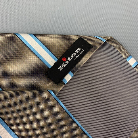 KITON Taupe White Light Blue Diagonal Stripe Silk Tie