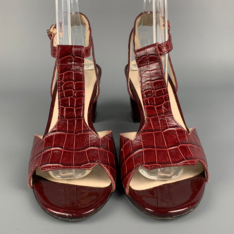ROBERT CLERGERIE Size 7 Burgundy Embossed Leather T- Strap Sandals