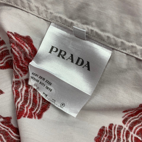 PRADA Size M Light Grey & Burgundy Floral Cotton Camp Short Sleeve Shirt