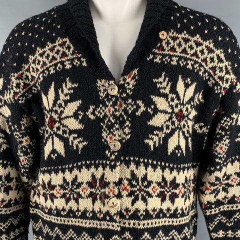 RALPH LAUREN Taille L Cardigan flocon de neige en laine et soie crème noire