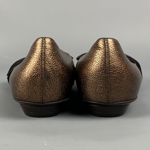 SALVATORE FERRAGAMO Size 7.5 Gold & Black Leather Silk Bow Flats