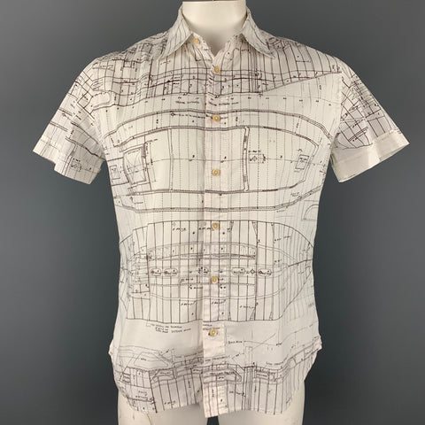 PAUL SMITH JEANS Size L White Print Cotton Button Up Short Sleeve Shirt