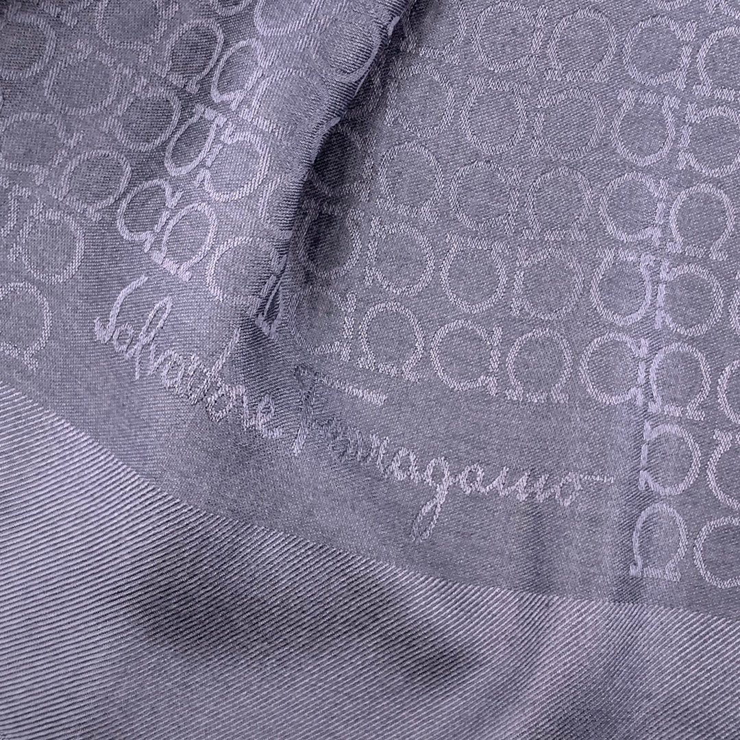 SALVATORE FERRAGAMO Navy Logo Silk Wool Jacquard Scarf