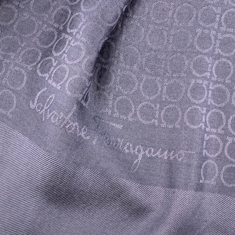 SALVATORE FERRAGAMO Navy Logo Silk Wool Jacquard Scarf