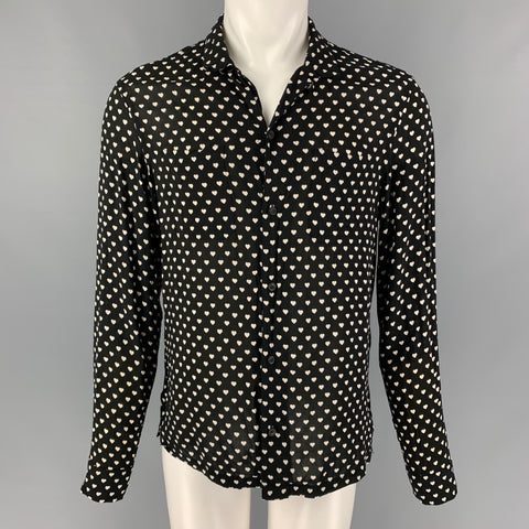 ALLSAINTS Size M Black White Hearts Viscose Button Up Long Sleeve Shirt