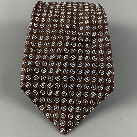 BARNEYS NEW YORK Brown White Light Blue Abstract Floral Silk Tie