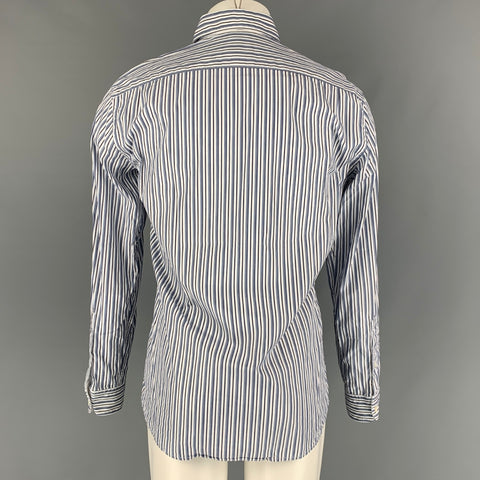 ERMENEGILDO ZEGNA Size M White & Navy Stripe Cotton Long Sleeve Shirt