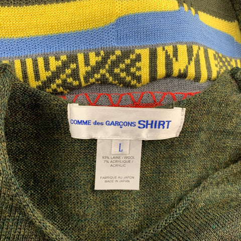 COMME des GARCONS Size L Olive & Multi-color Knitted Wool Blend Cut Out Pullover Sweater