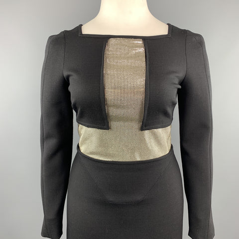 VERSACE Size 8 Black Long Sleeve Silver Chainmail Cross Cocktail Dress