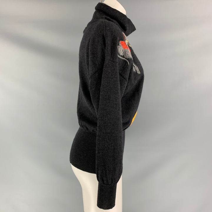 ESCADA Size 6 Charcoal Multicolour Wool Embroidered  Turtleneck Pullover