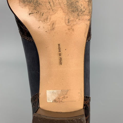SALVATORE FERRAGAMO Size 10 Brown / Blue Suede Embossed Pumps