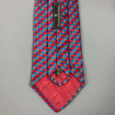 ERMENEGILDO ZEGNA Red Blue Rhombus Silk Satin Tie
