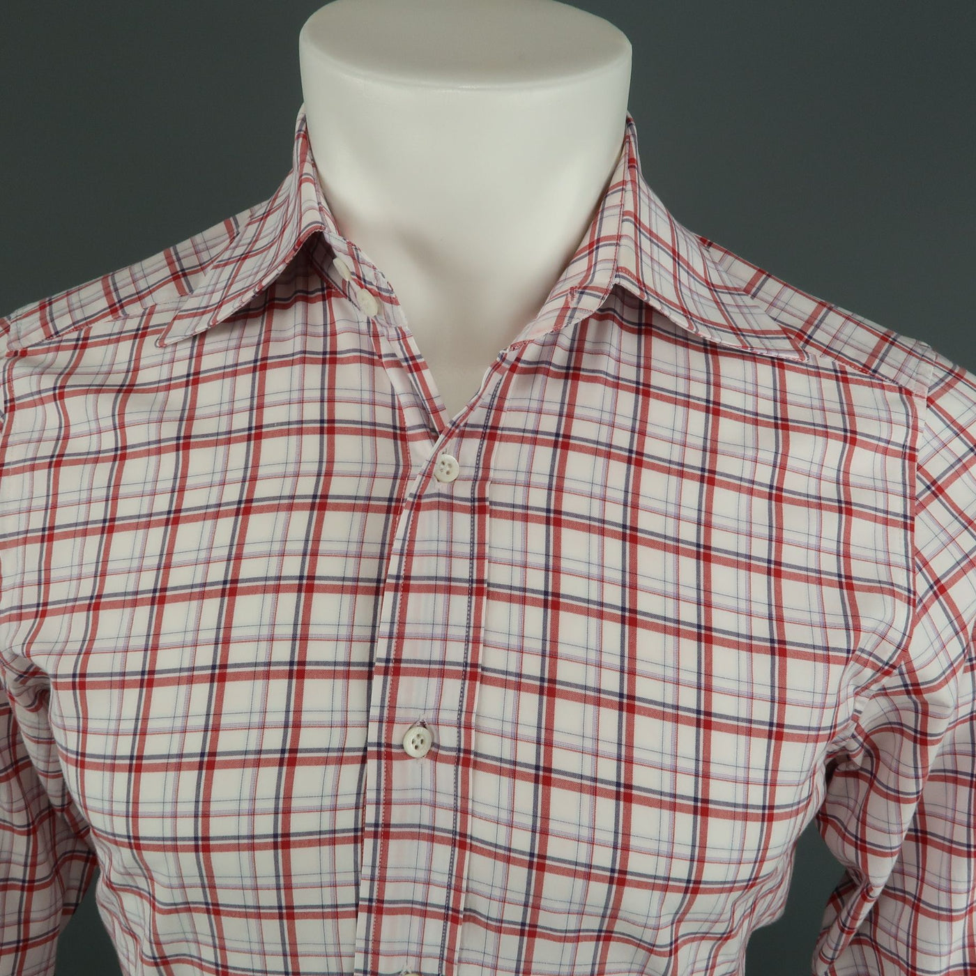 GUCCI Size S White & Red Plaid Cotton Button Up Long Sleeve Shirt