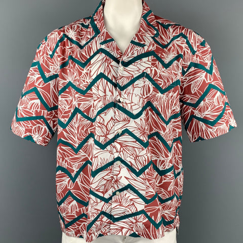 BOSS by HUGO BOSS Size XXL Burgundy & White Zig Zag Cotton Camp Short Sleeve Shirt