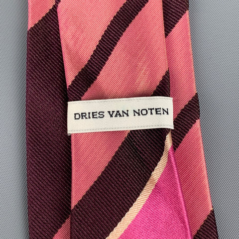 DRIES VAN NOTEN Pink Brown Diagonal Stripe Silk Tie