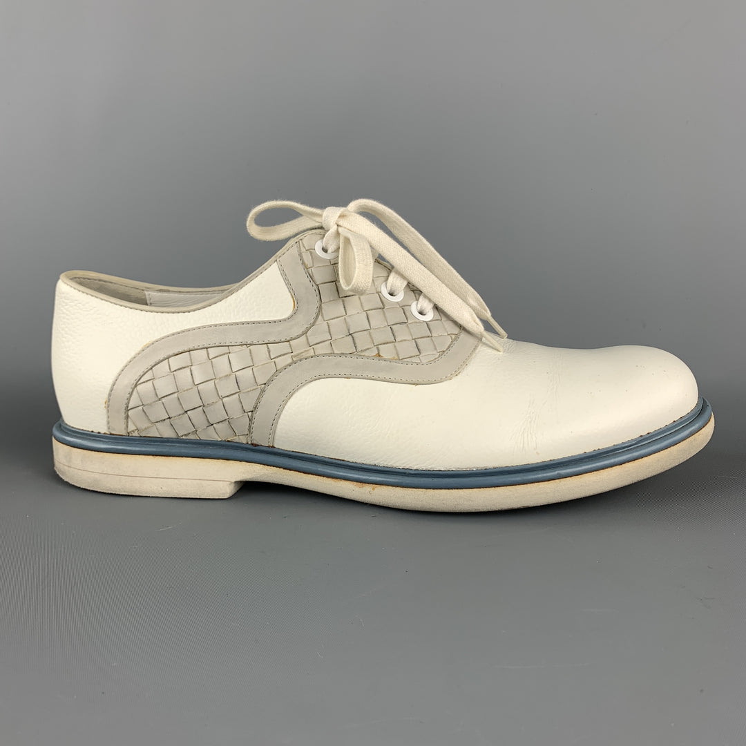 BOTTEGA VENETA Size 12 White & Grey Woven Leather Contrast Trim Lace Up Shoes