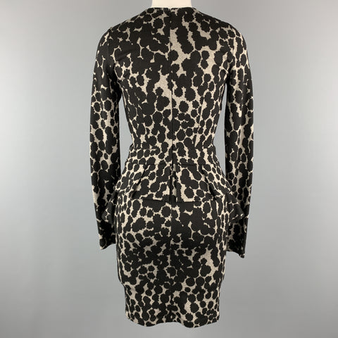 ISABEL DE PEDRO Size 4 Black & Grey Viscose Blend Spotted Peplum Long Sleeves  Dress