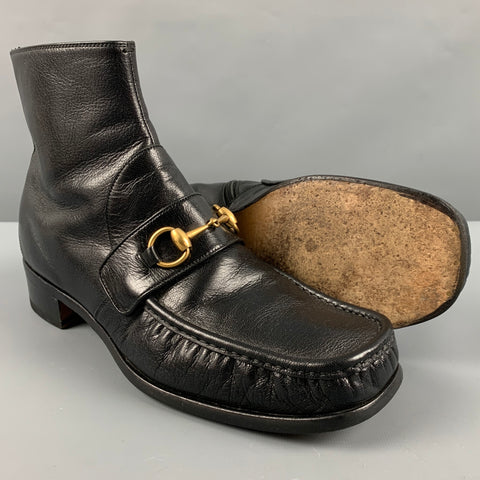 GUCCI Size 9.5 Black Embroidery Leather Square Toe Boots