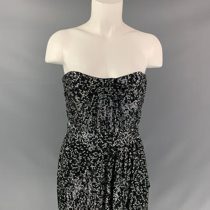 BADGLEY MISCHKA Size 4 Black & White Silk Sequined Wrap Dress