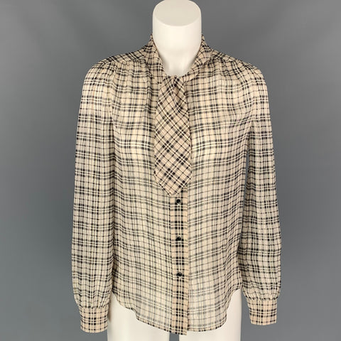 SAINT LAURENT Size S Nude Plaid Silk Pussy Bow Blouse