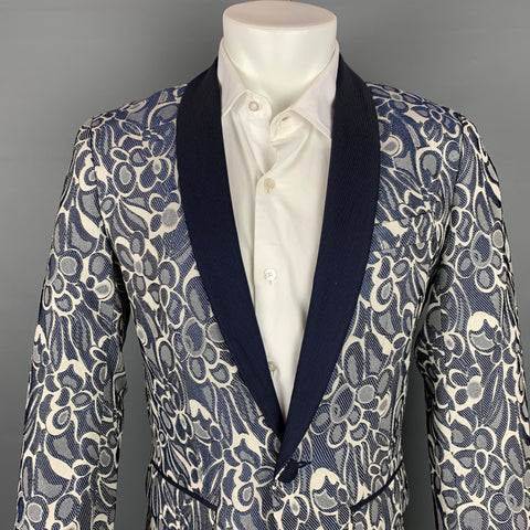 SEÑOR. TURK Gregory Talla 38 Abrigo deportivo de noche con mezcla de acetato de jacquard floral abstracto azul marino y gris plateado