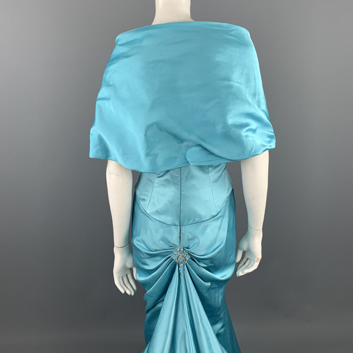 REEM ACRA Size M Blue Silk Strapless Beaded Gown & Bolero Shrug