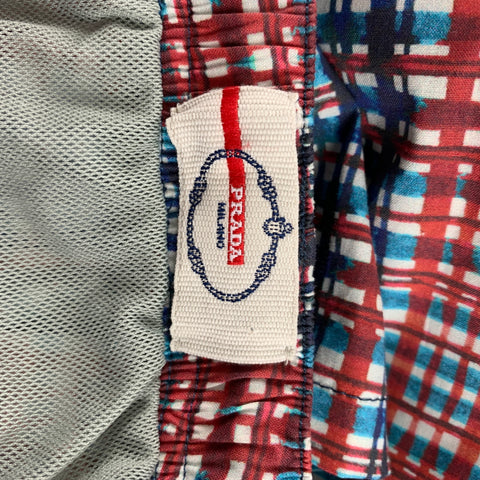 PRADA Size 36 Blue & Red Plaid Drawstring Swim Trunks