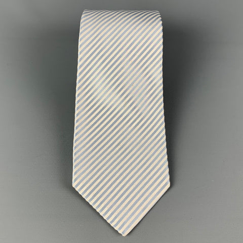 KITON White Light Blue Diagonal Stripe Silk Tie