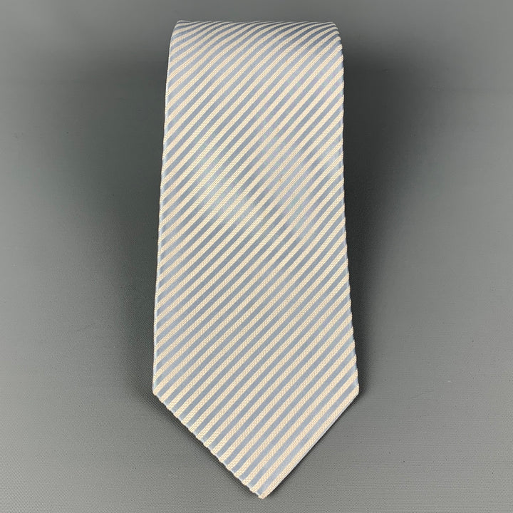 KITON White Light Blue Diagonal Stripe Silk Tie