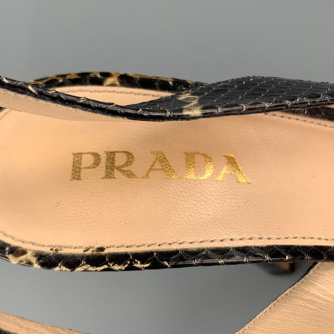 PRADA Size 8 Black & Beige Snake Skin Slingback Platform Sandals