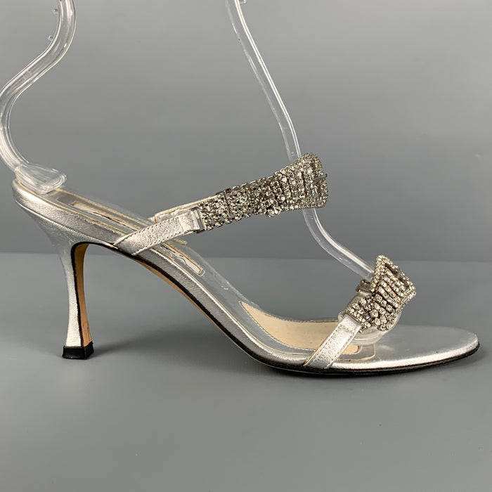 BRIAN ATWOOD Size 6 Silver Leather Rhinestone Strappy Sandals