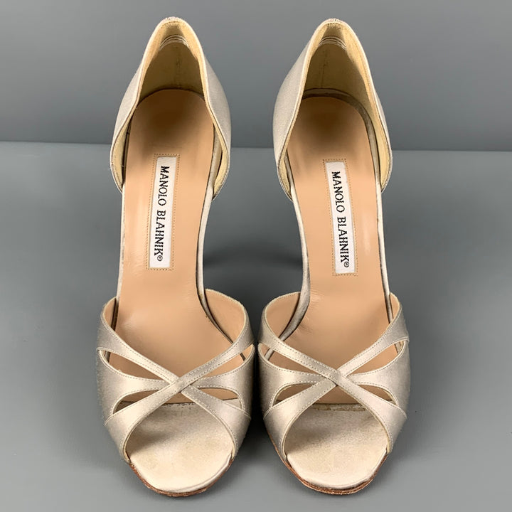 MANOLO BLAHNIK Talla 6.5 Zapatos de tacón D'Orsay de seda gris metalizado