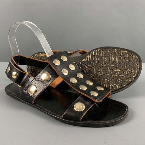 MARNI Size 7 Black Tan Leather Studded Ankle Strap Sandals