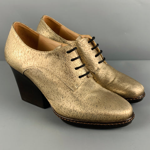 DRIES VAN NOTEN Size 7.5 Gold Brown Fabric Textured Chunky Heel Booties