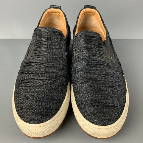 SALVATORE FERRAGAMO Size 10.5 Black White Wrinkled Canvas Slip On Loafers