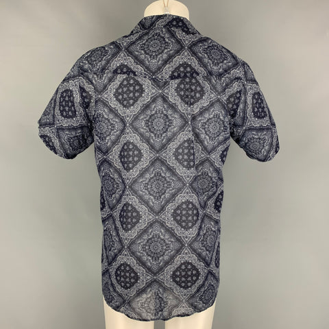 OFFICINE GENERALE Size M Navy White Handkerchief Cotton Short Sleeve Shirt