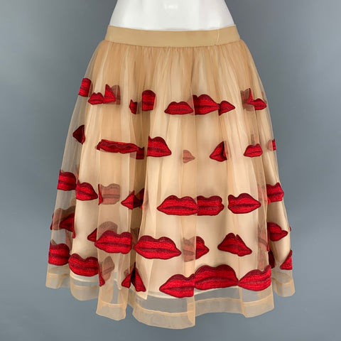 ALICE + OLIVIA Size 8 Beige Red Silk Embellishment Circle Skirt