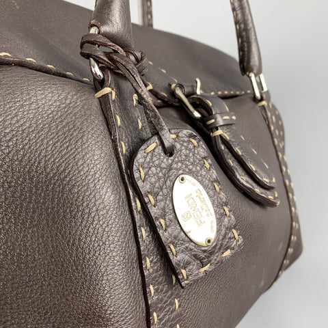 FENDI Selleria Brown leather Contrast Stitch Borsa Linda Grande Handbag