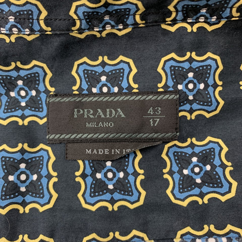 PRADA Size L Black Print Cotton Button Up Short Sleeve Shirt